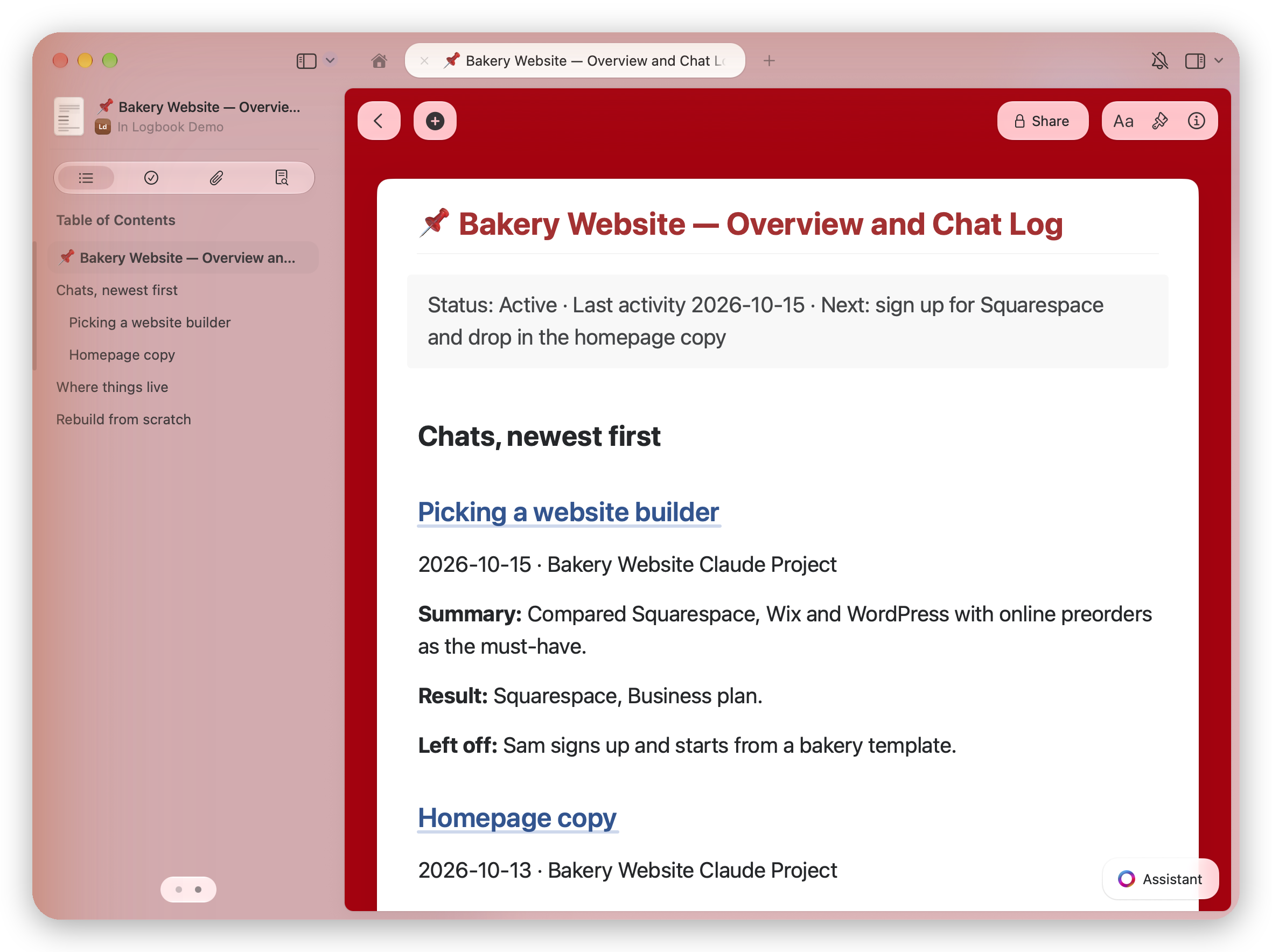 A Craft Logbook project dashboard listing chats newest first