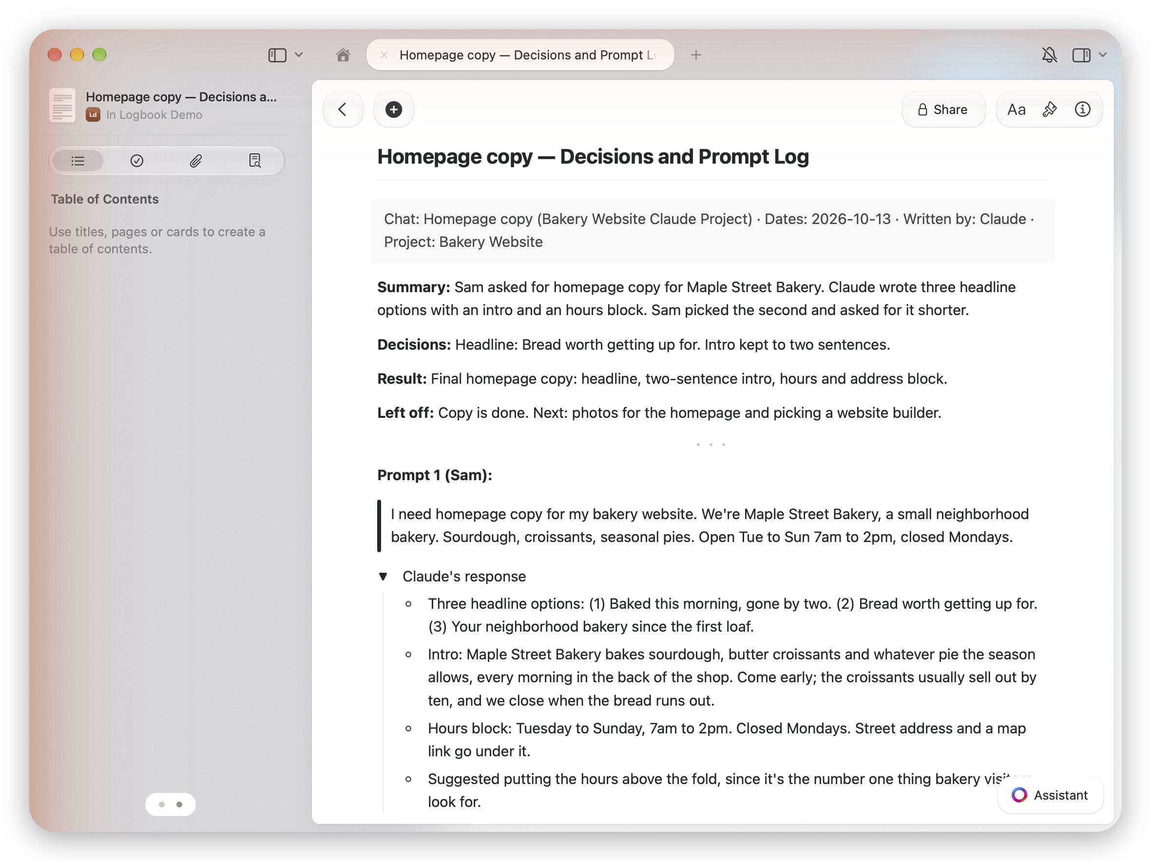 A chat doc with the prompt and the response toggle open