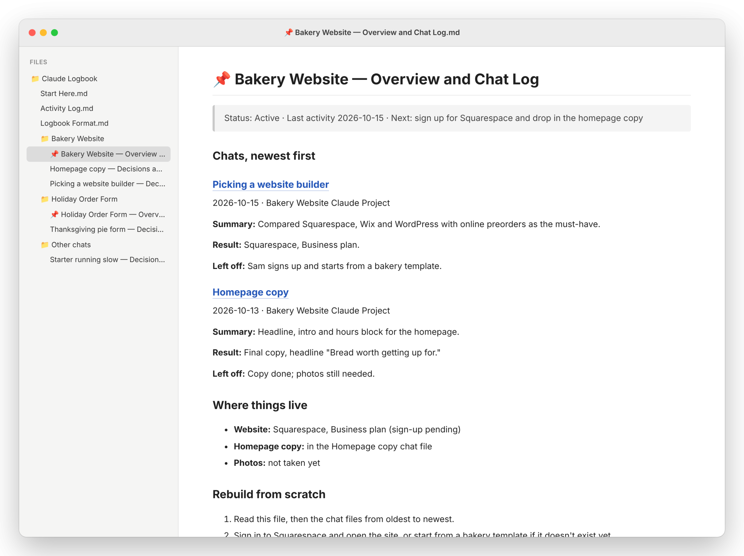 A Folder Logbook project dashboard listing chats newest first