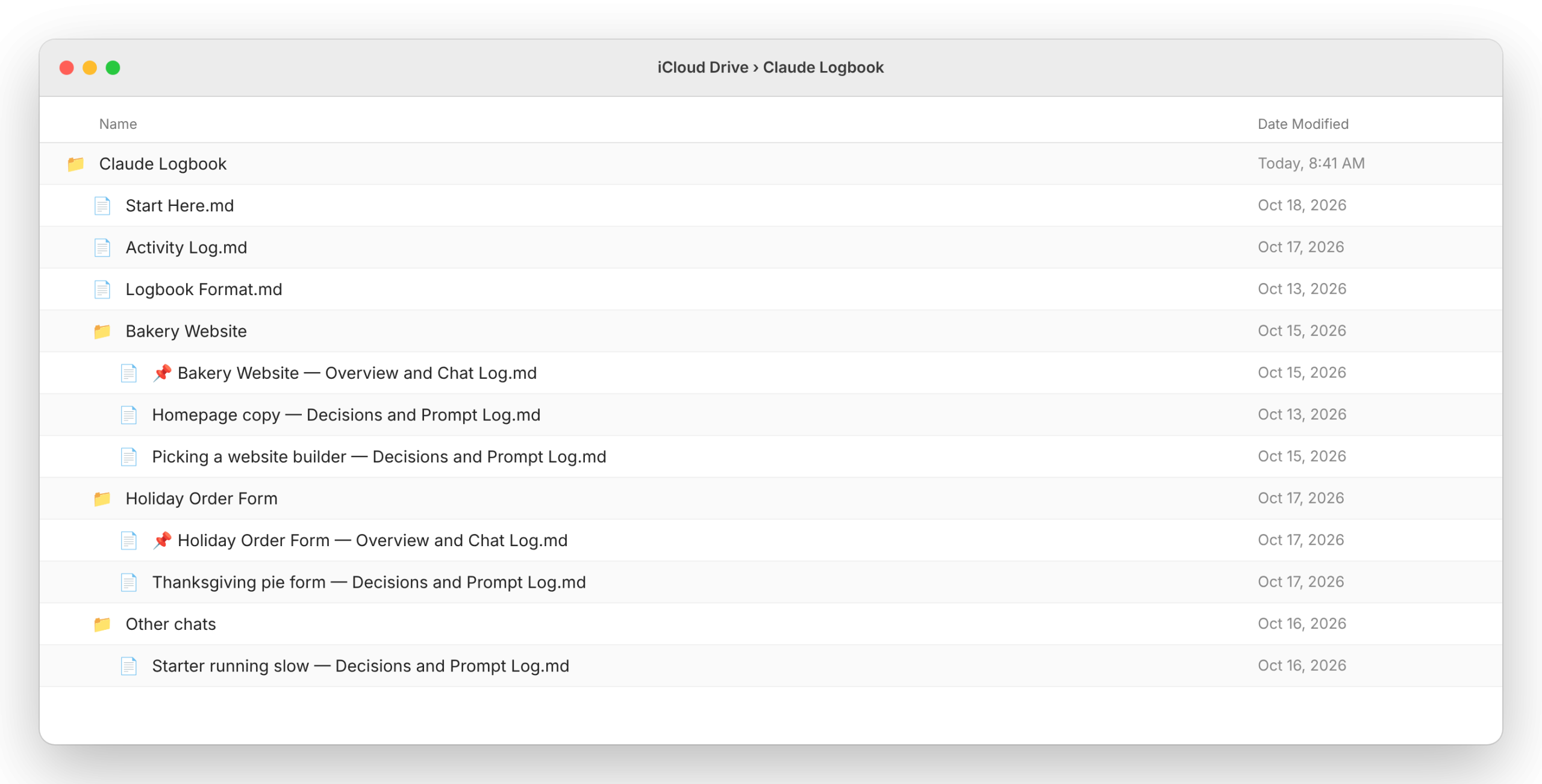 The logbook folder with Start Here, the Activity Log and a folder per project
